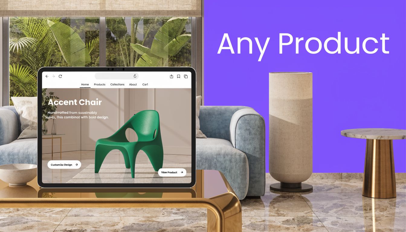A digital tablet displaying an interior design website featuring a modern green chair in a luxury room.