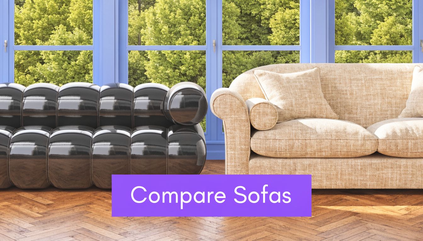 A split view comparison showing a modern black glossy sofa next to a traditional beige fabric sofa.