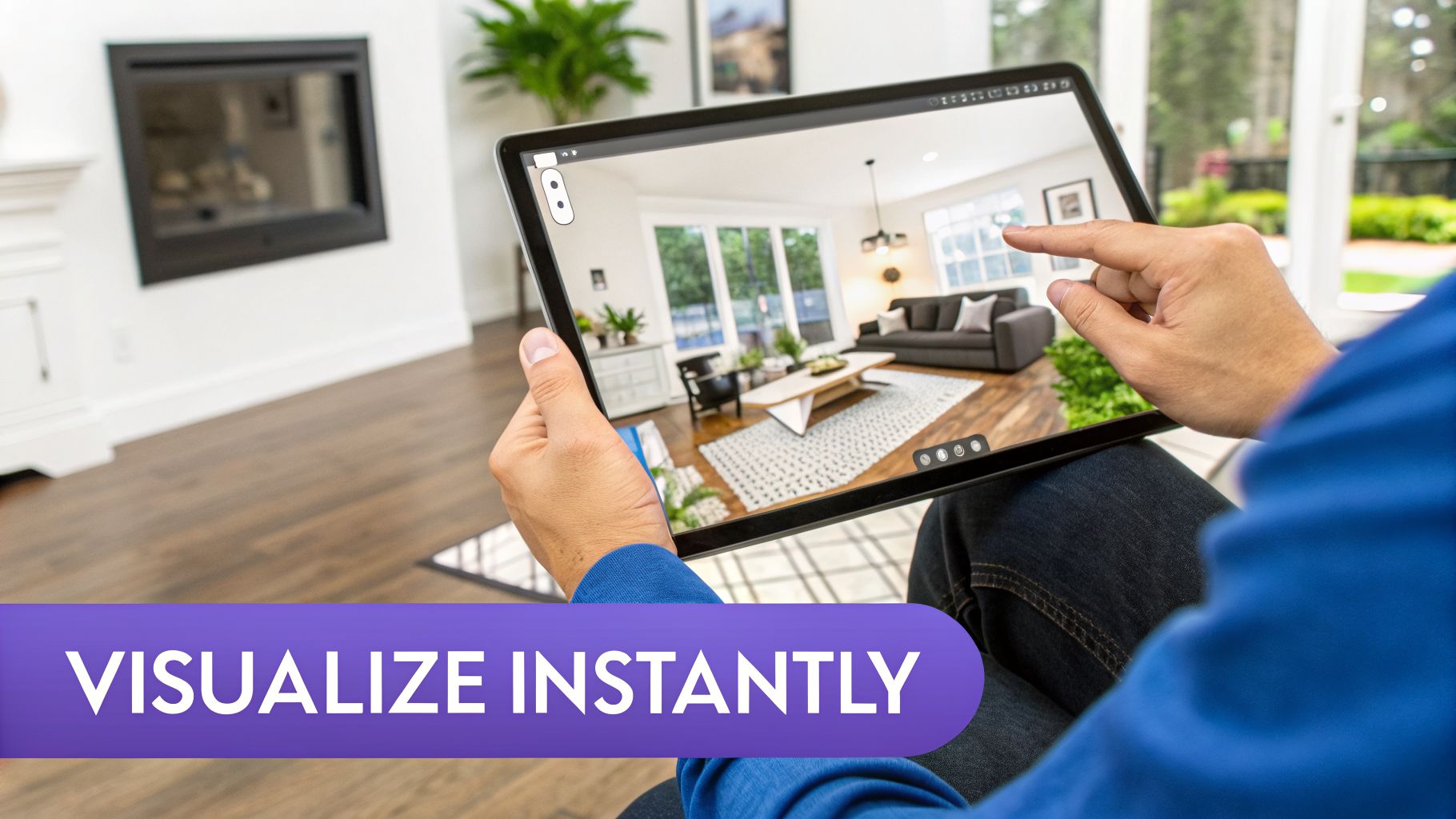 A person uses a tablet to visualize a modern living room design instantly with augmented reality.