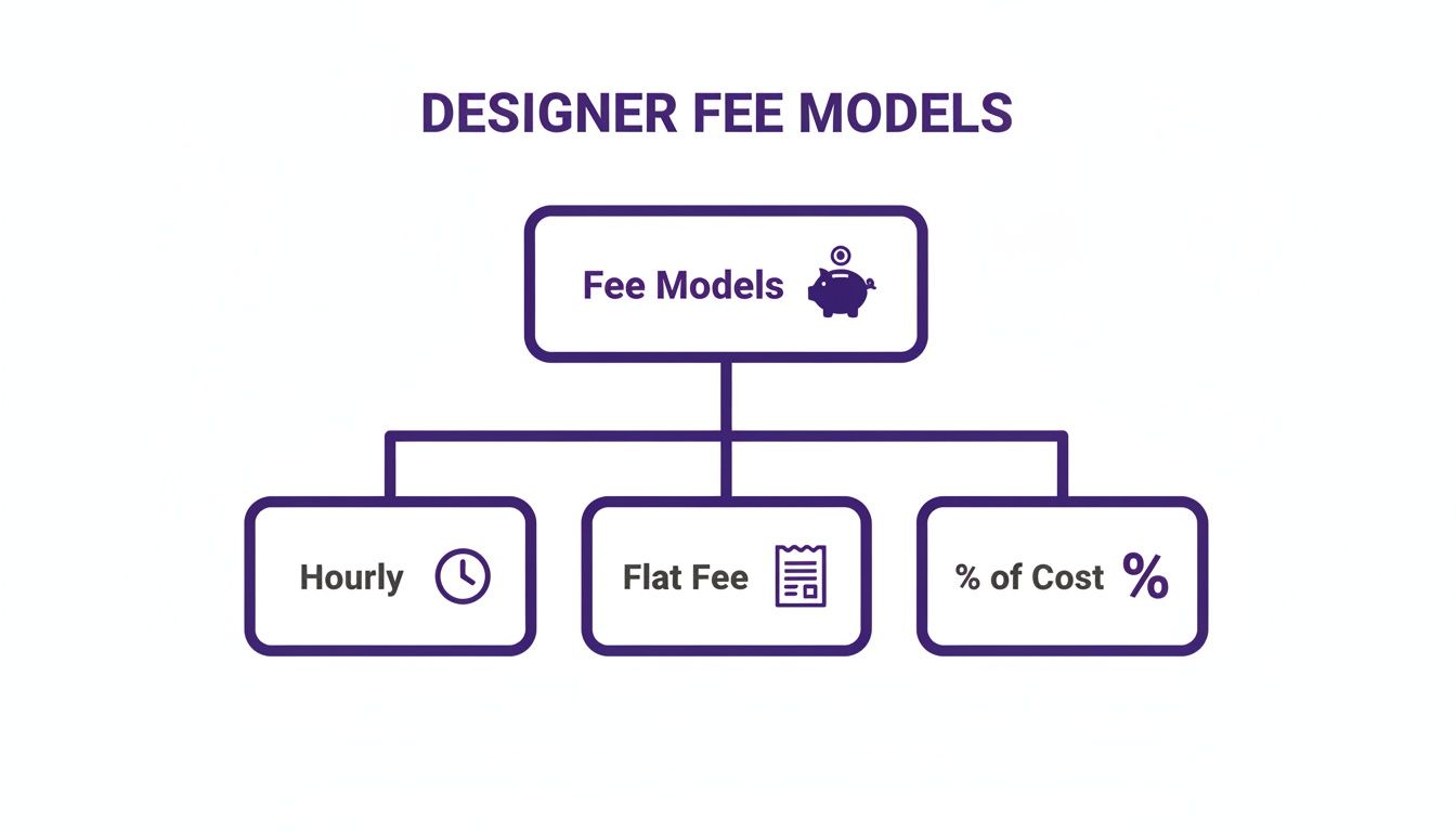 A diagram illustrating different designer fee models: Hourly, Flat Fee, and Percentage of Cost.