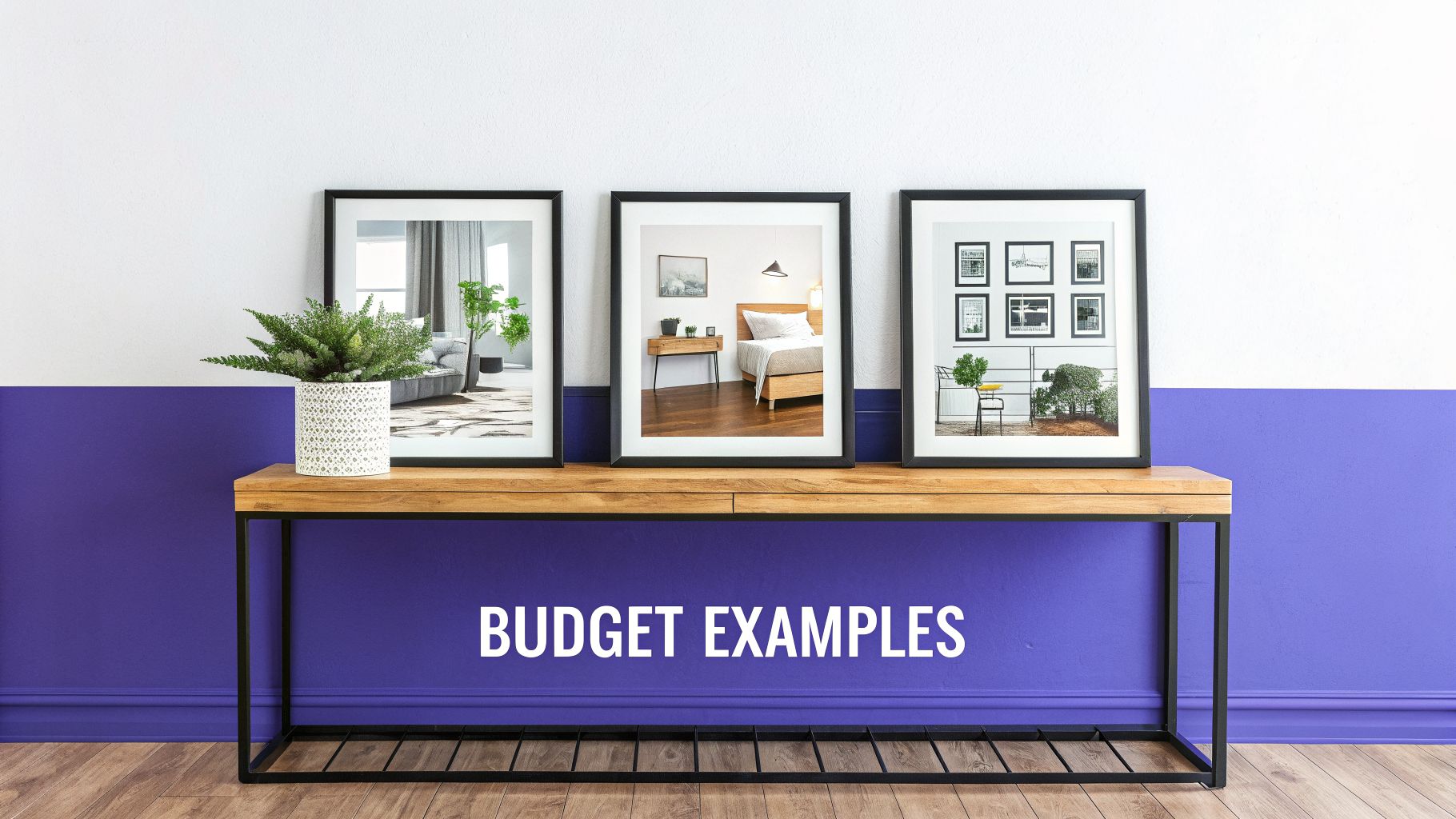 Stylish interior scene with three framed pictures and a plant on a wooden console table, against a two-tone wall.