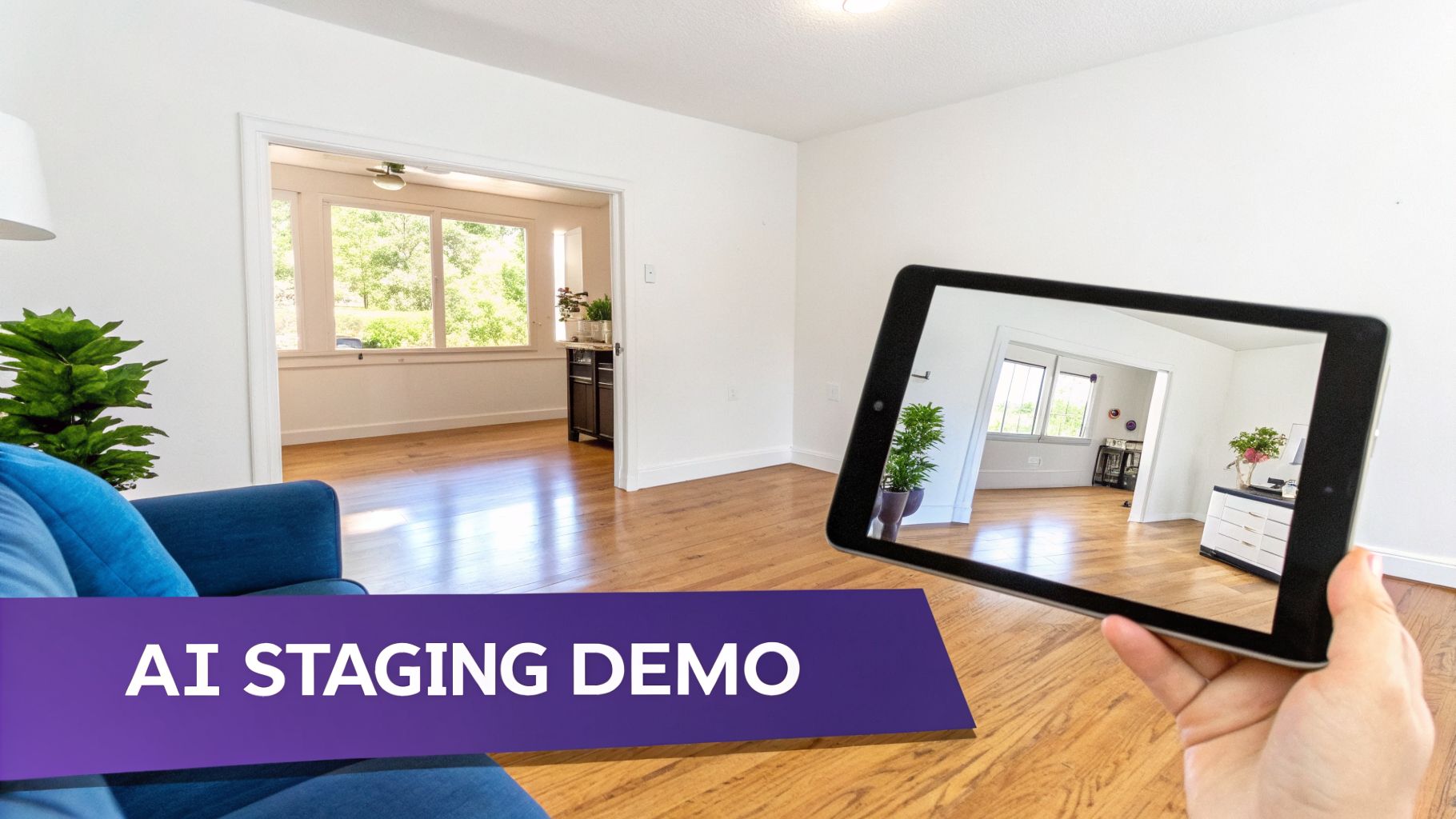 A hand holds a tablet displaying an AI-staged room, showcasing a virtual staging demo.