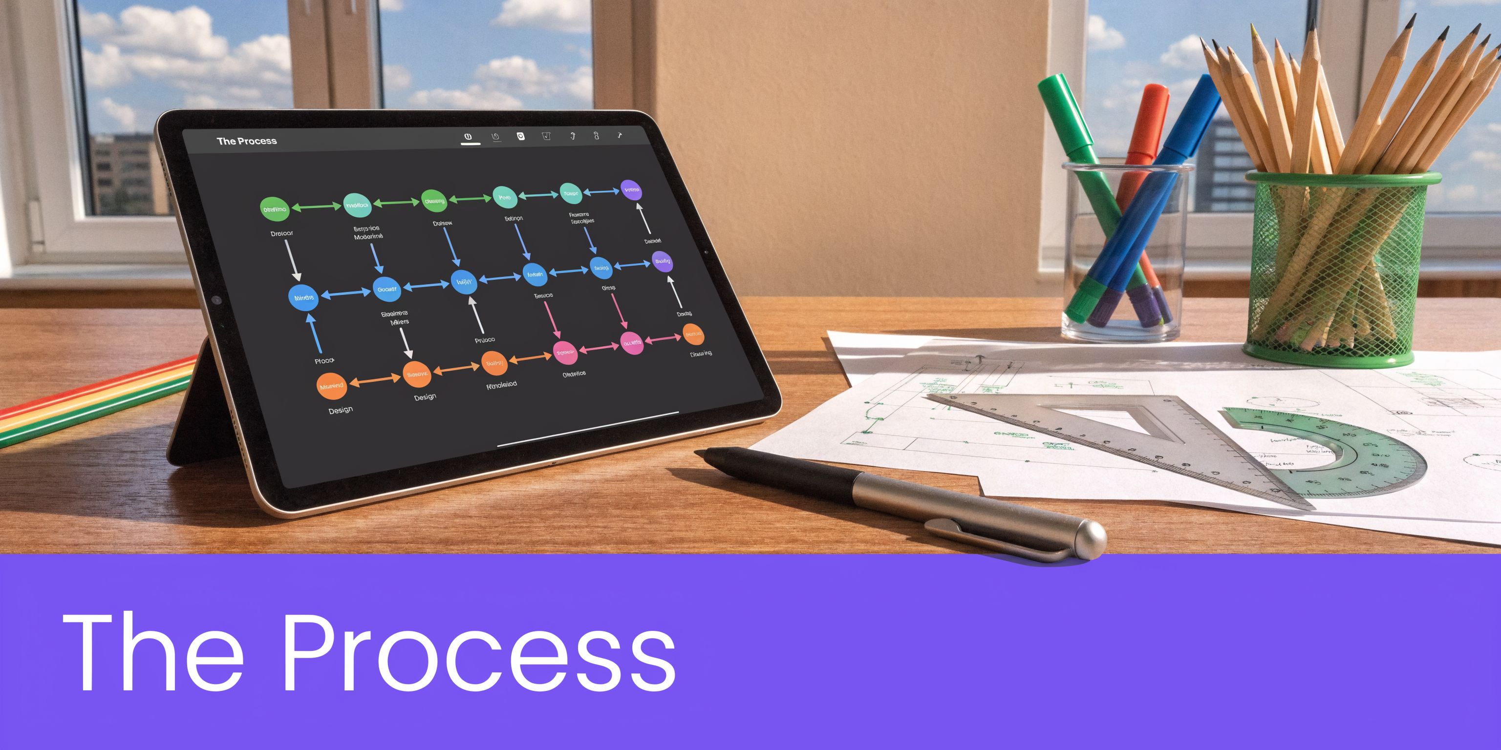 A digital tablet displaying an architectural flow chart process on a wooden desk with drafting supplies.