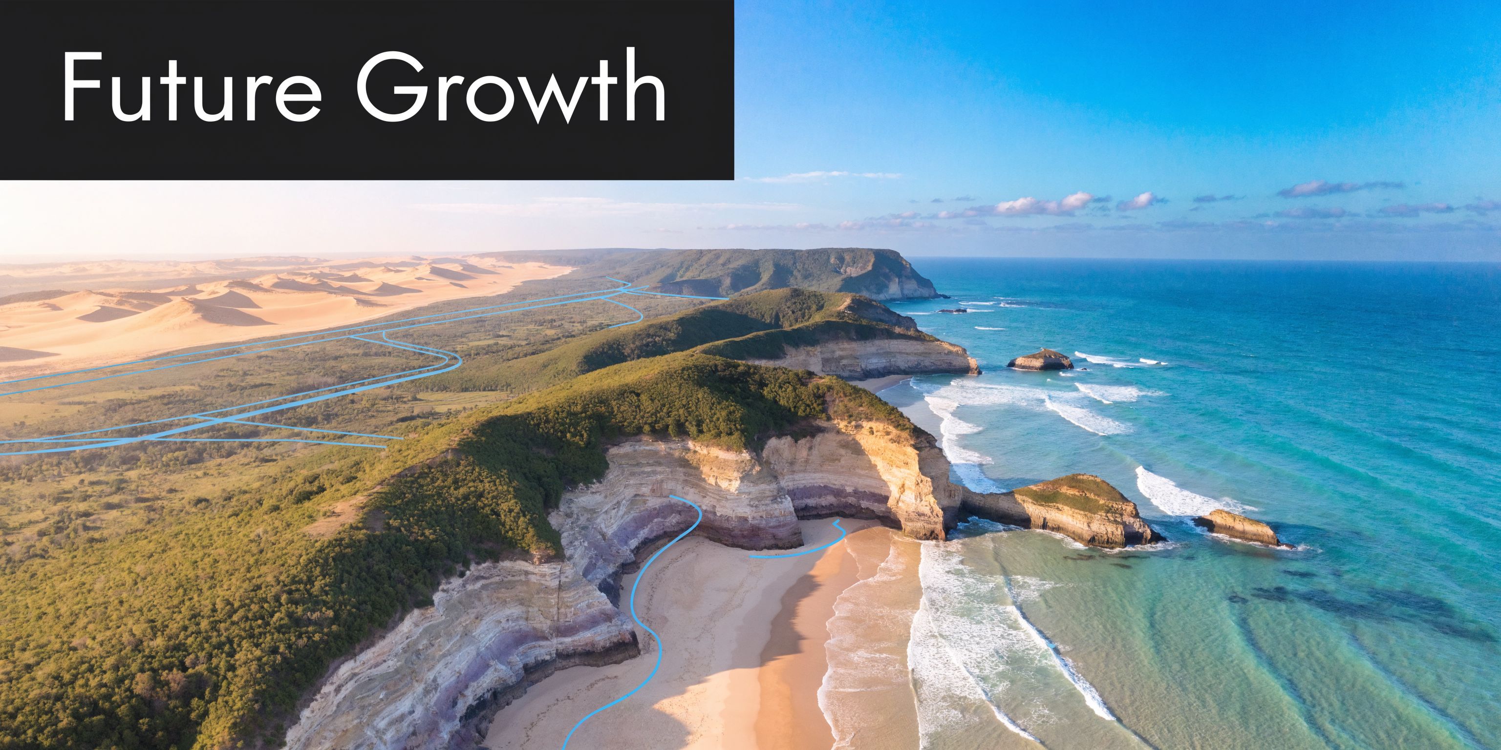 An aerial view of a rugged coastline meeting a sandy beach and green hills with architectural overlays.