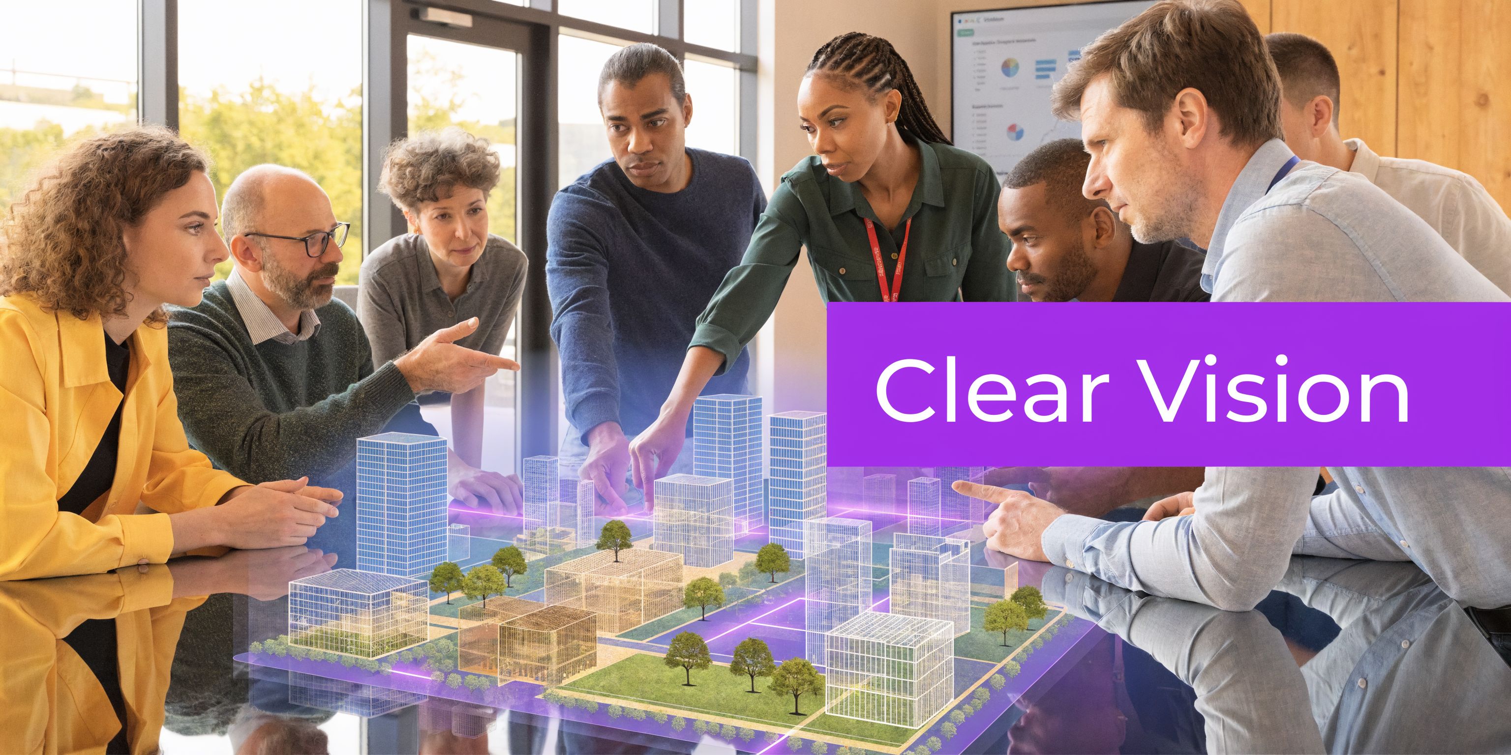 A diverse group of architects collaboratively planning a city project using a digital 3D model interface.