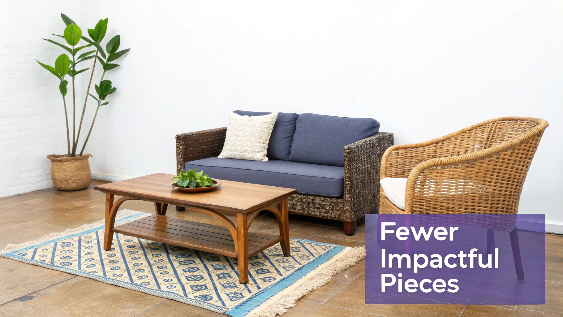 A minimalist modern boho living room featuring wicker furniture, a wooden coffee table, and a potted plant.