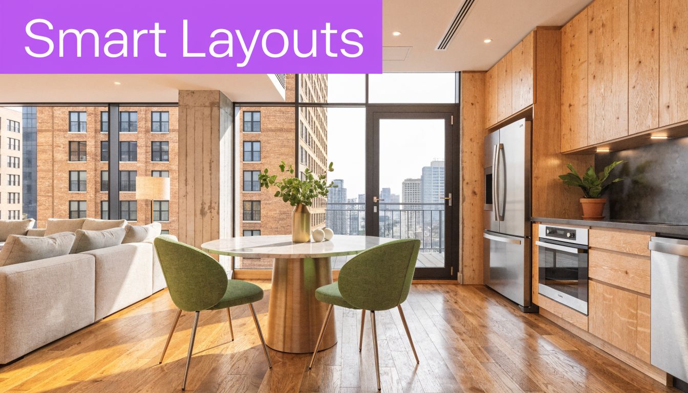 A modern open-plan apartment featuring a dining area with green chairs, a minimalist kitchen, and city views.