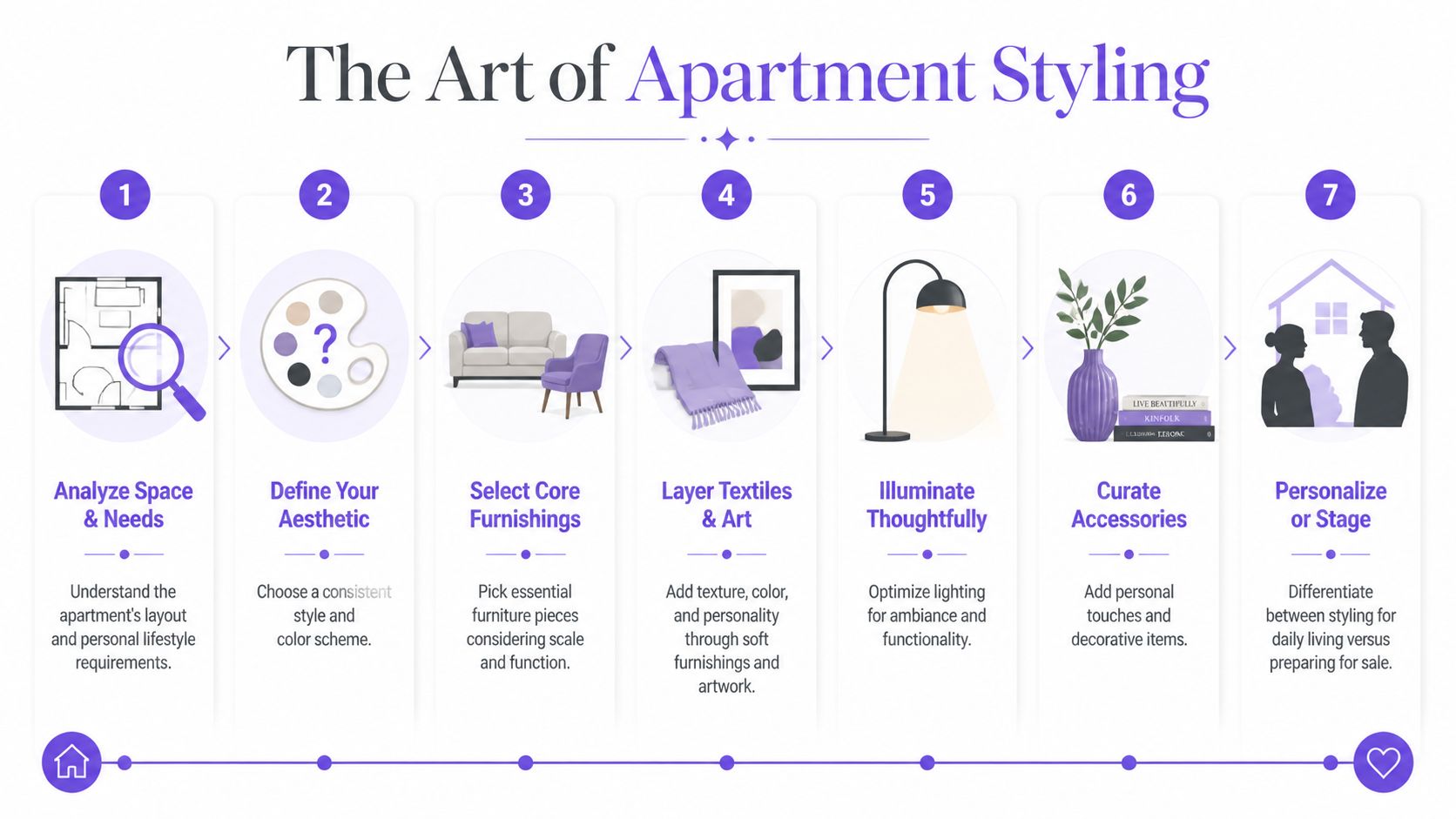 A seven-step guide illustrating the professional process of styling and designing a modern apartment interior.