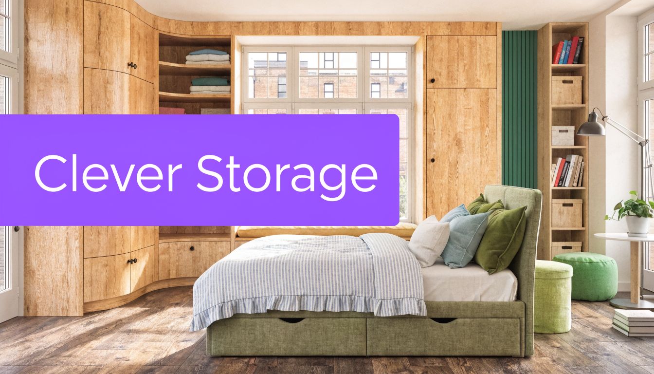 A modern bedroom with integrated wooden wardrobe storage, a green upholstered bed, and shelves surrounding a window.