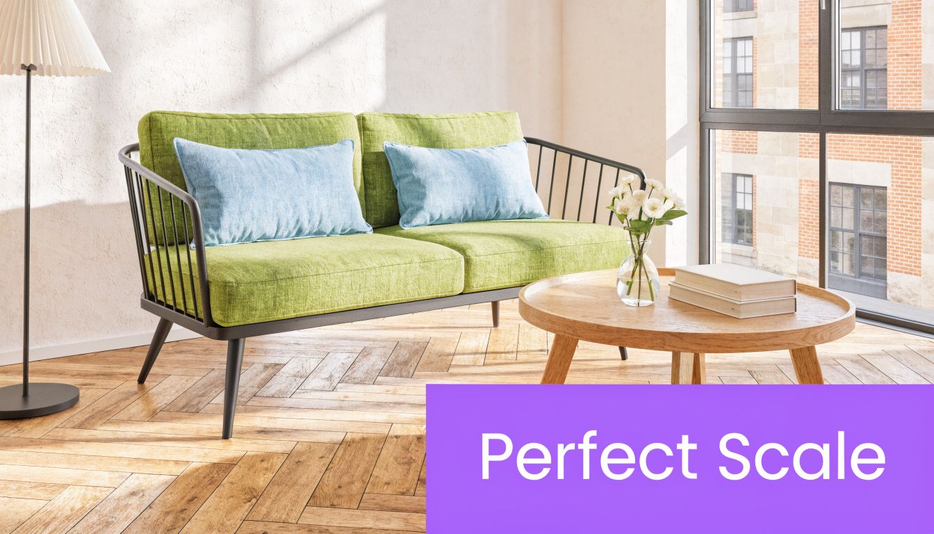 A modern green sofa with blue cushions placed in a bright living room with wooden floors.