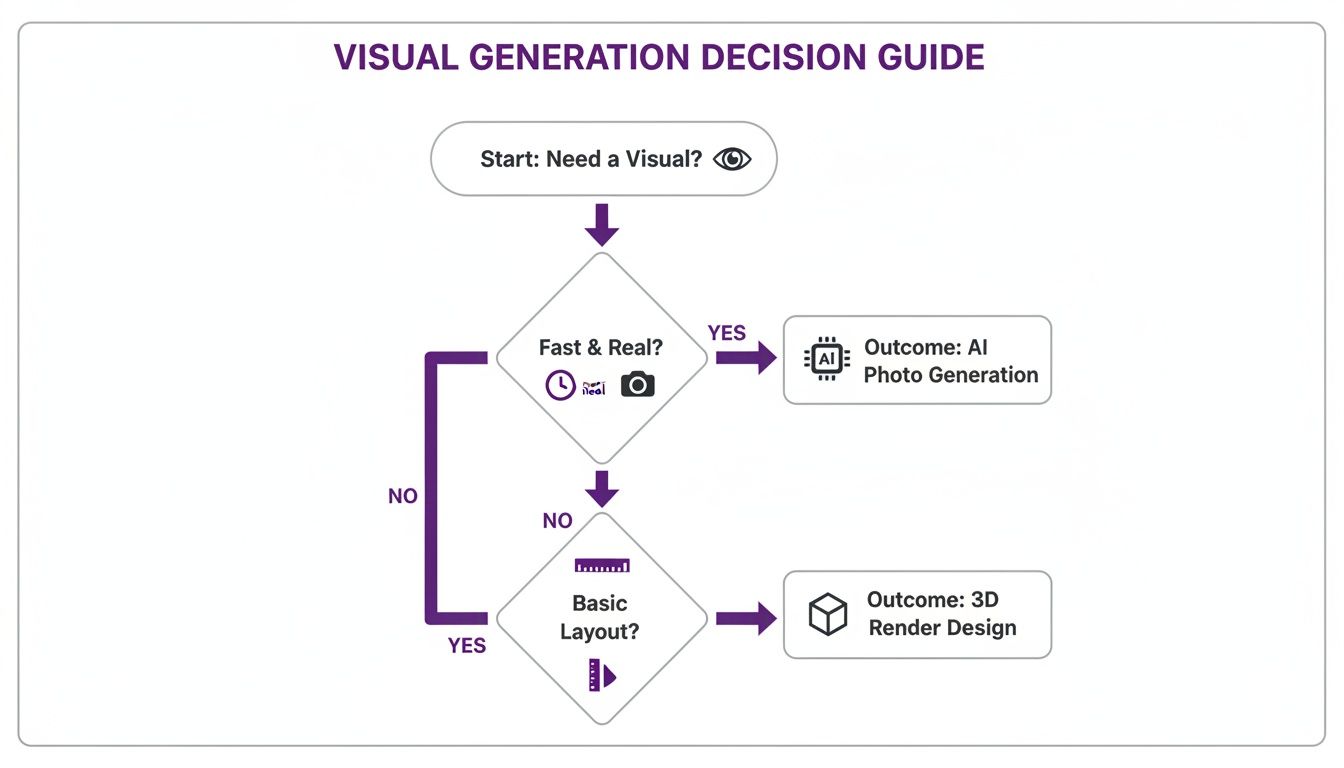Flowchart showing decisions for visual generation, leading to AI photo generation or 3D render design.