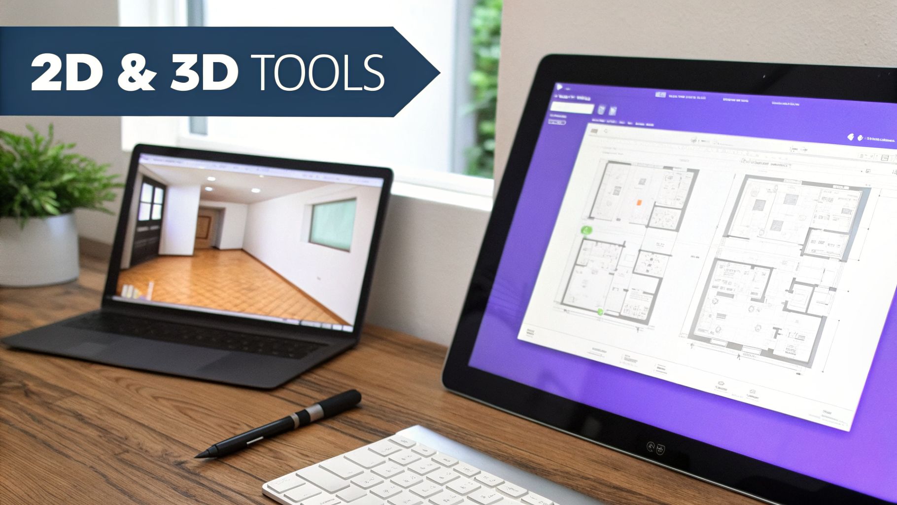 A laptop shows a 3D room, while a tablet displays 2D floor plans on a wooden desk.