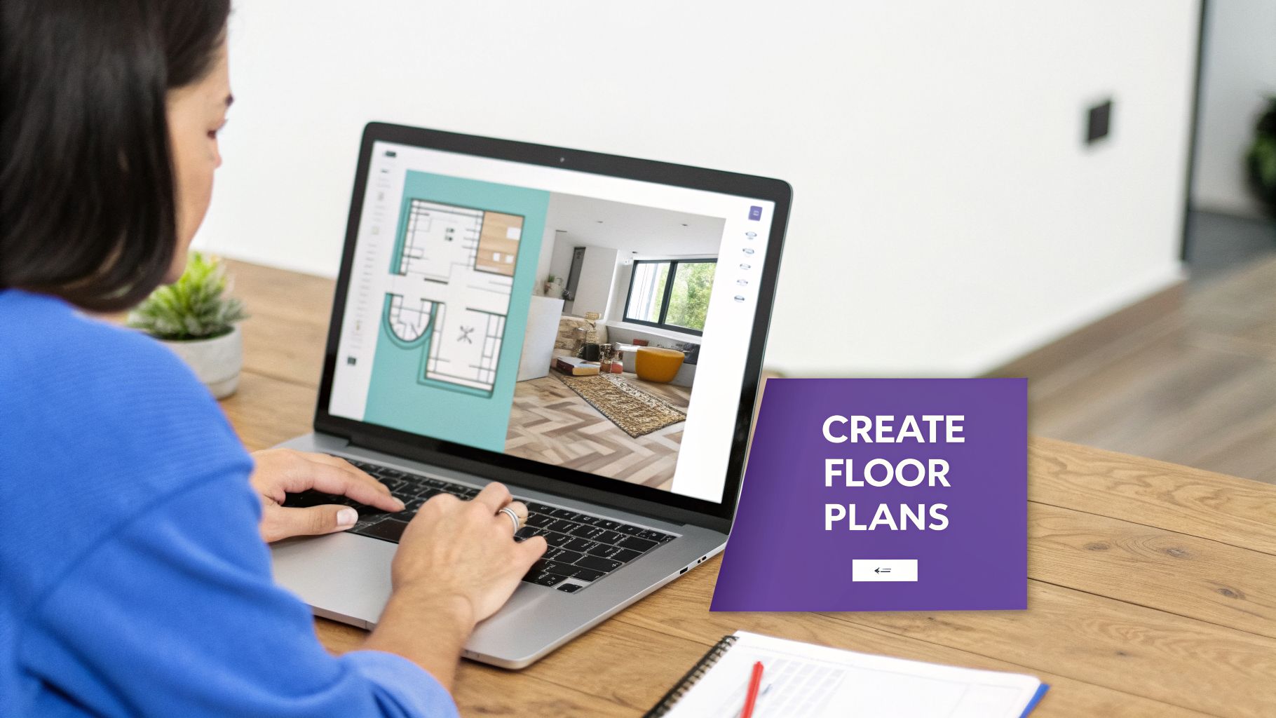 Close-up of a woman creating floor plans on a laptop, showing 2D and 3D designs.