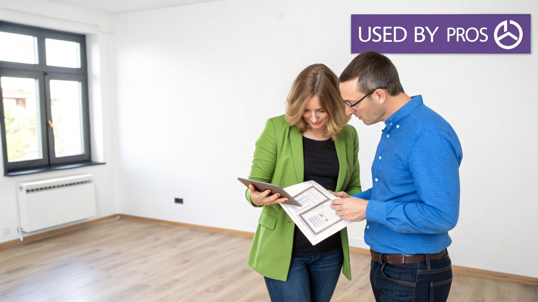 Two real estate professionals review a floor plan and tablet in an empty room.