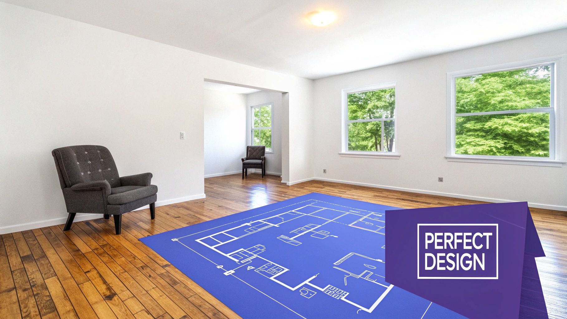 Spacious empty room with white walls, wood floor, two armchairs, and a large blue floor plan graphic.
