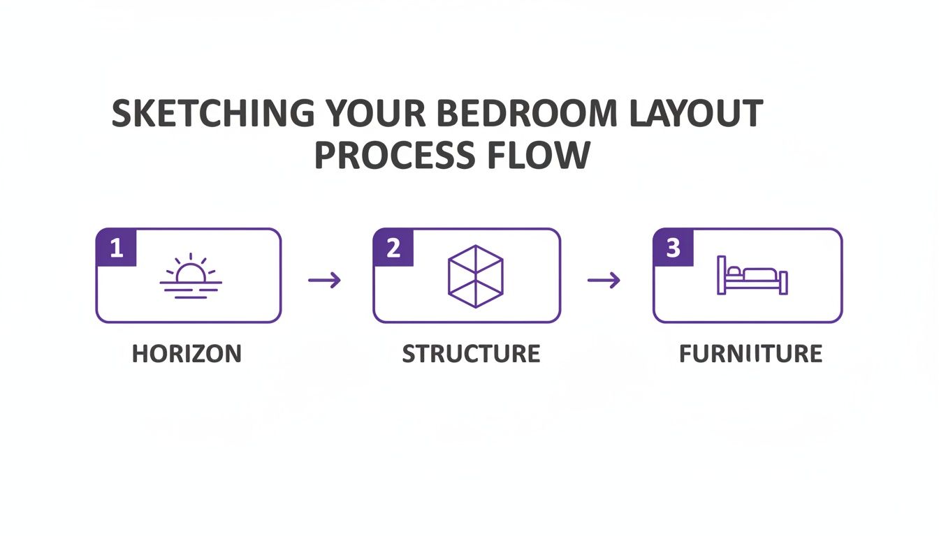 A three-step process flow diagram illustrating how to sketch a bedroom layout, including horizon, structure, and furniture.