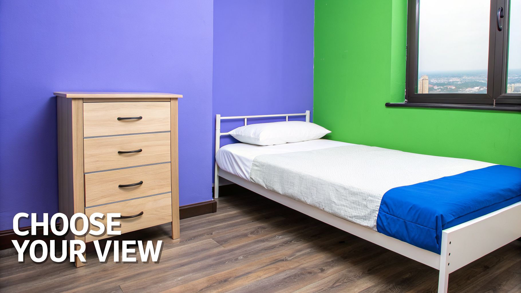 A colorful bedroom with a single bed, wooden dresser, and city view from the window.