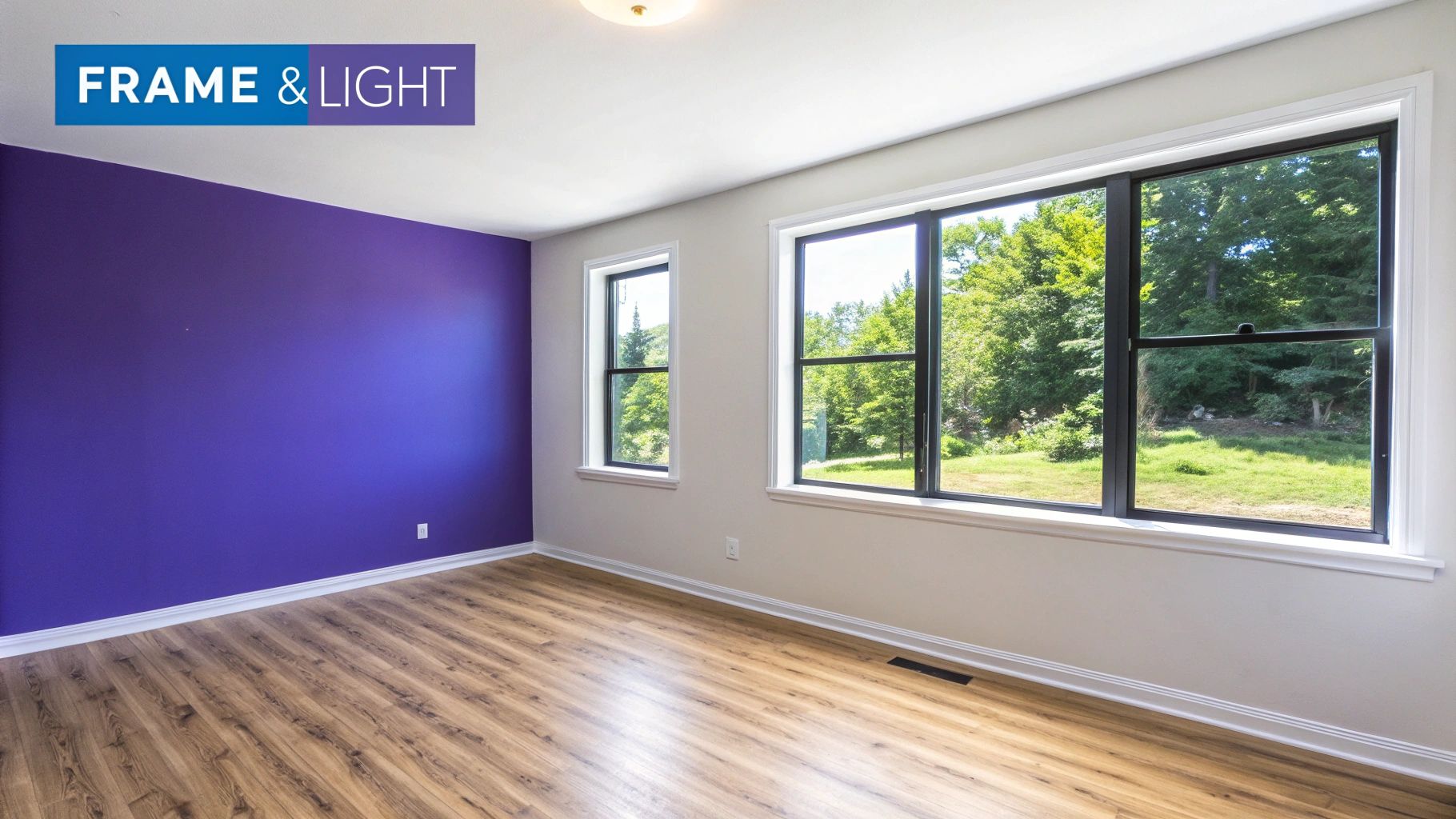 An empty room with a vibrant purple accent wall, light grey walls, wood flooring, and large windows revealing a lush outdoor view.