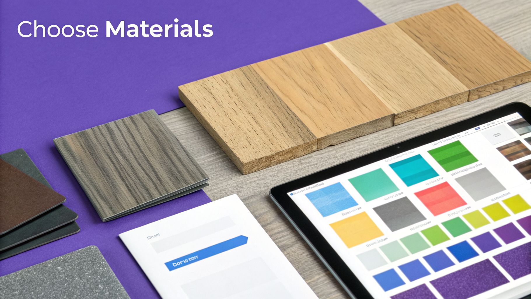 Hands-on selection of interior design materials, including wood, fabric samples, and a tablet with color swatches.