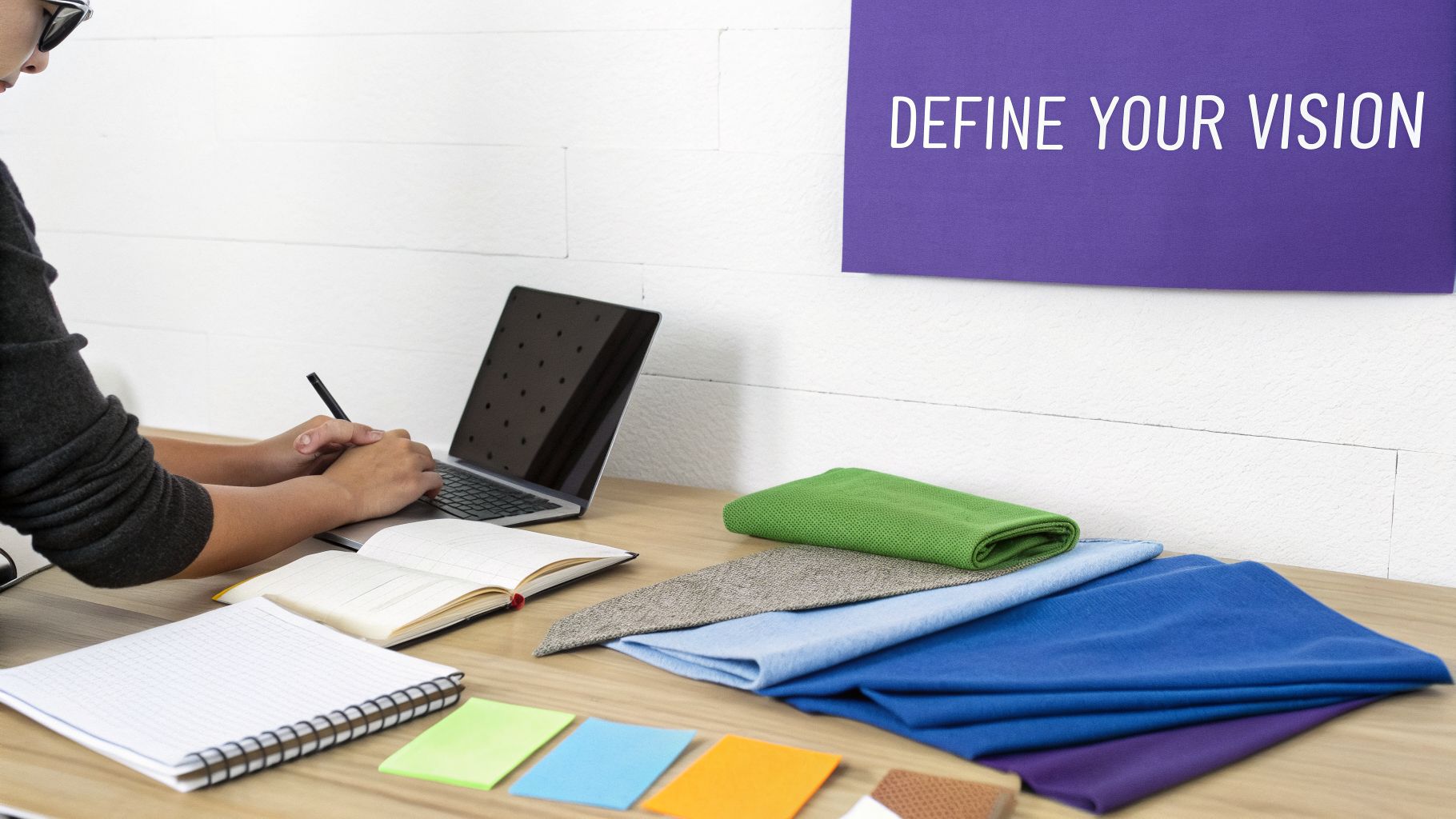 Person working on a laptop with fabric swatches and notebooks, a 'DEFINE YOUR VISION' sign on the wall.
