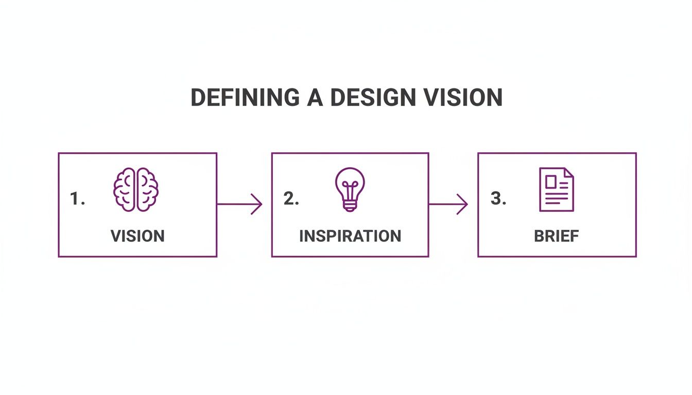 A three-step design vision process: 1. Vision (brain icon), 2. Inspiration (lightbulb icon), 3. Brief (document icon).