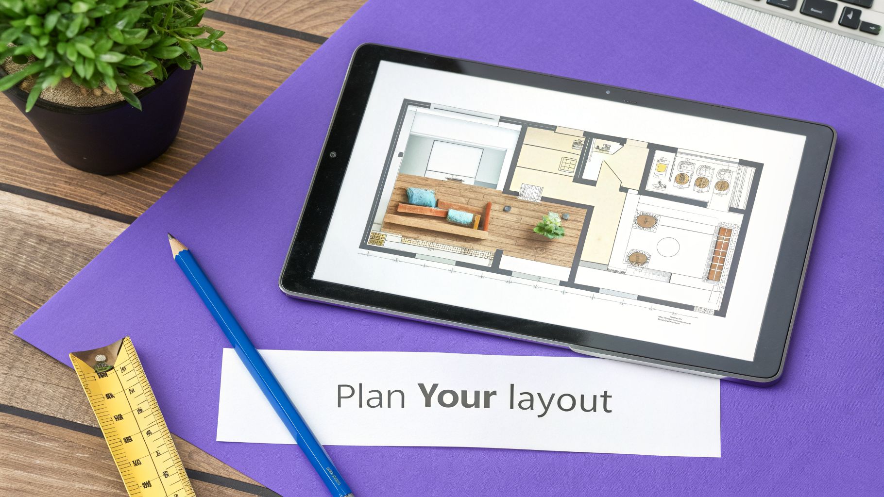 Overhead shot of a tablet displaying a detailed floor plan with a 3D living room rendering, a pencil, and 'Plan Your layout' text on a purple background.