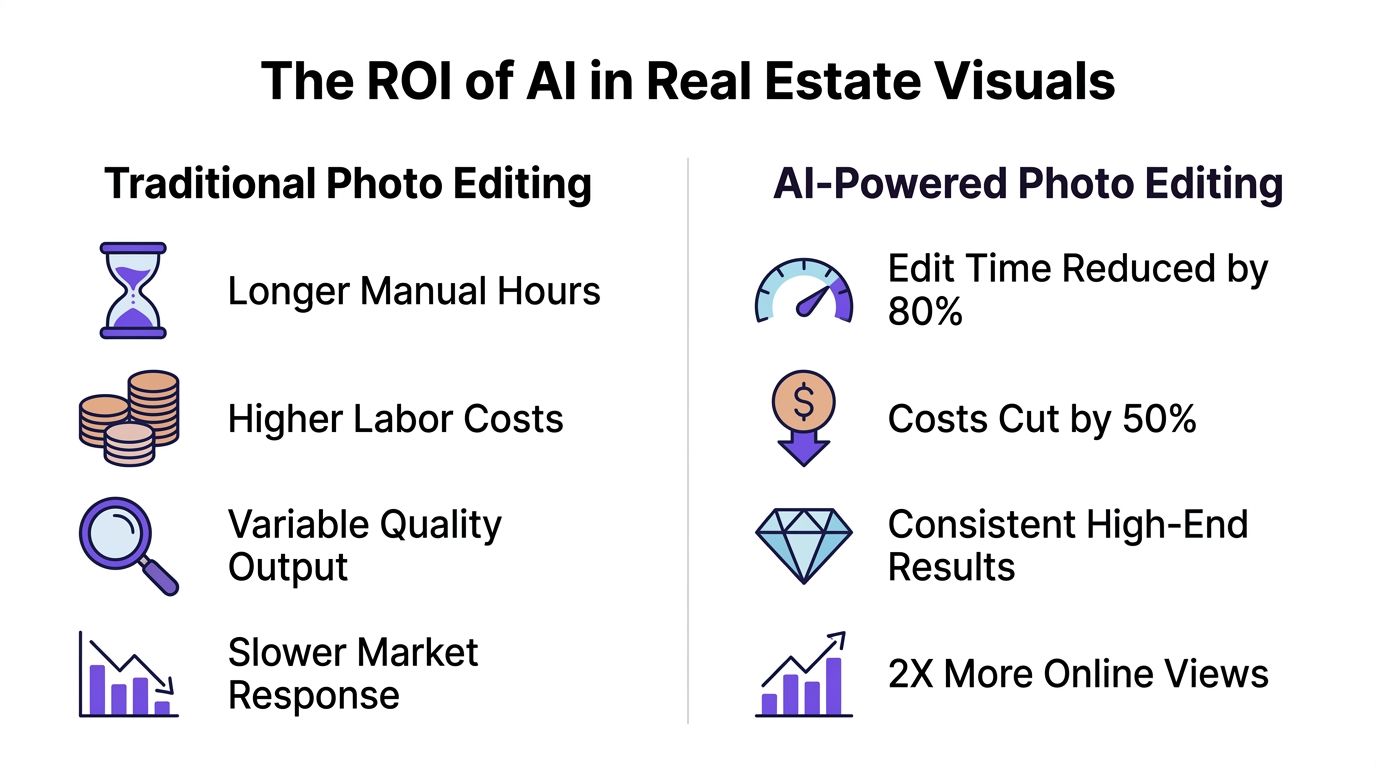 A comparison chart showing how AI-powered photo editing improves ROI in real estate compared to traditional manual editing.