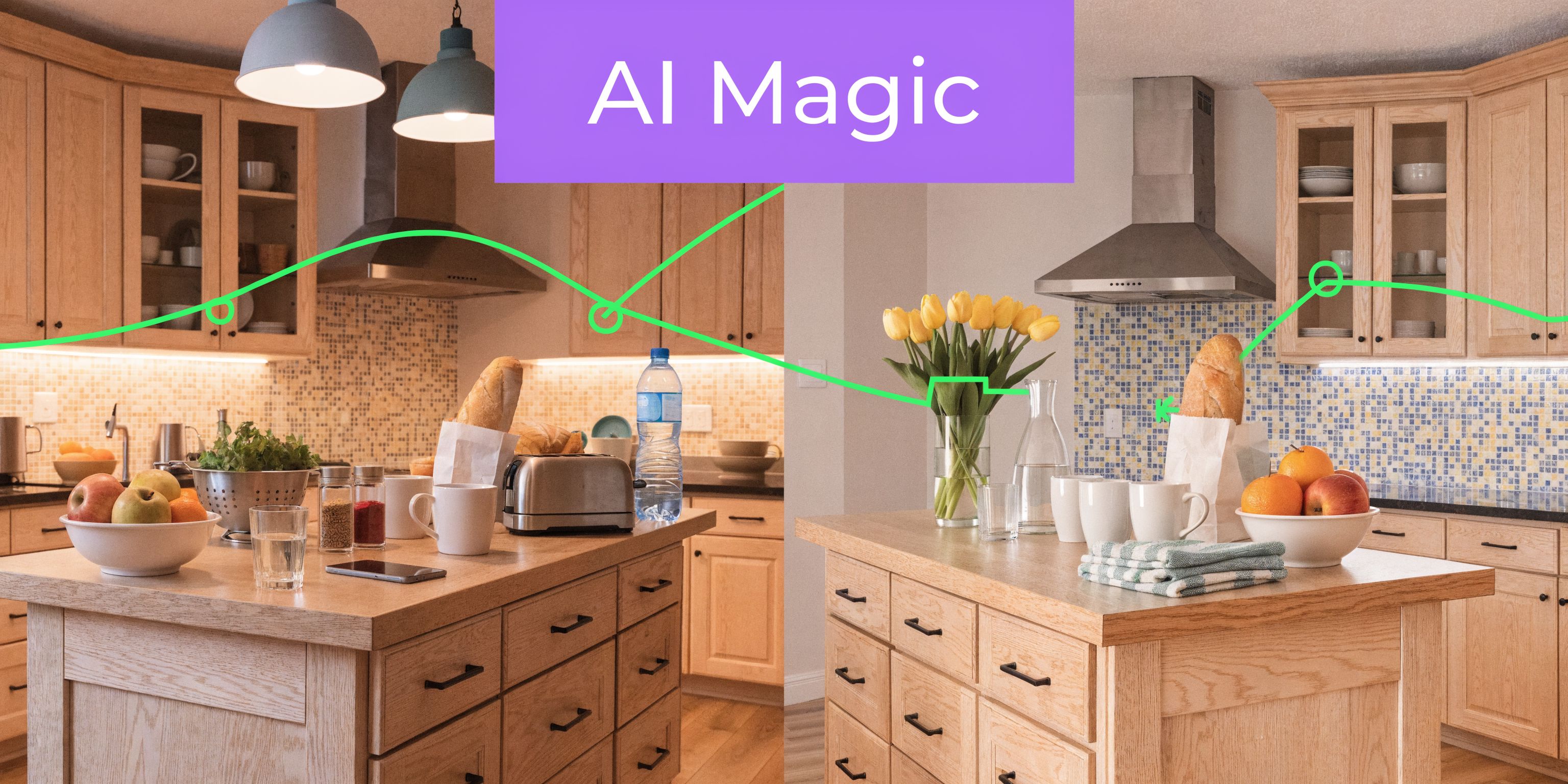 A split view comparison showing an original kitchen and an AI-edited version featuring flowers and decluttered surfaces.