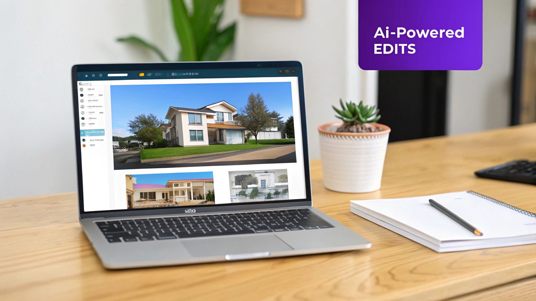 AI-powered software enhancing a real estate photo by replacing the sky and adjusting lighting.