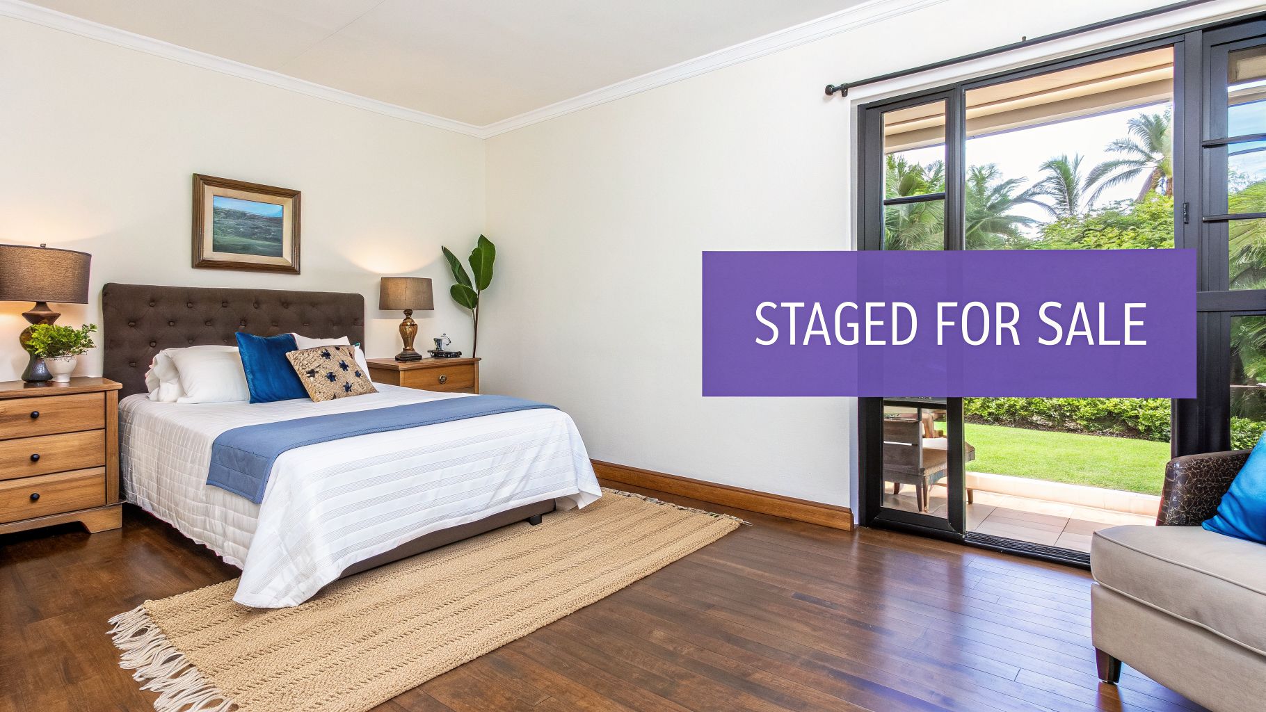 A professionally staged bedroom with a queen bed, wooden furniture, and a glass door to a lush garden.