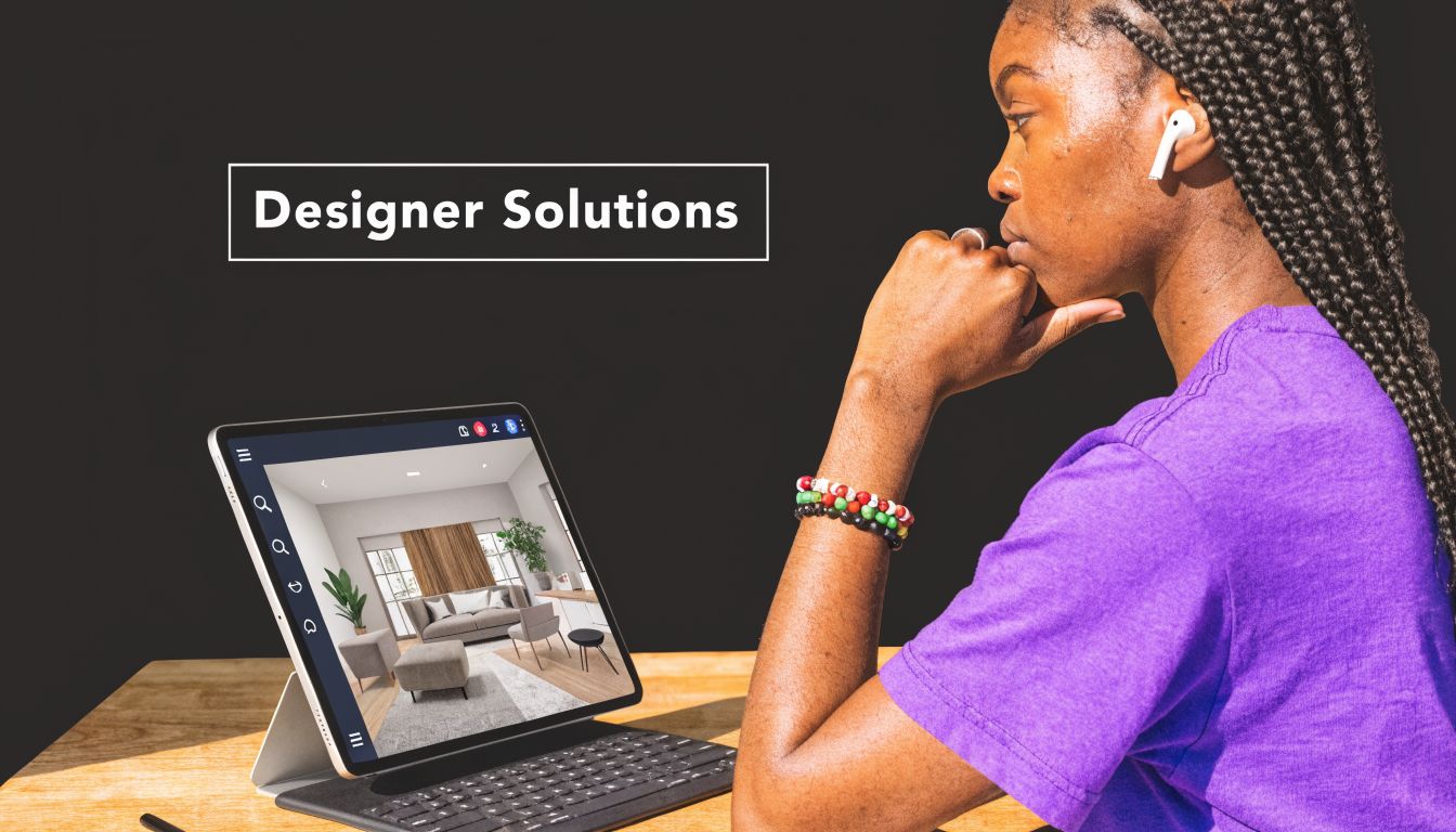 A young woman wearing a purple shirt views a 3D interior design rendering on a tablet device.
