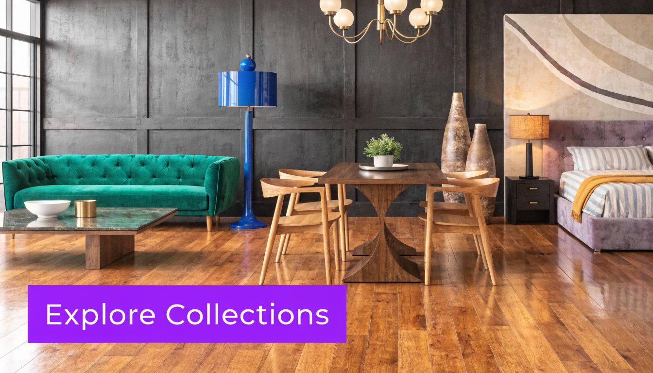 A modern living and dining room space featuring a turquoise velvet sofa and wooden dining furniture.