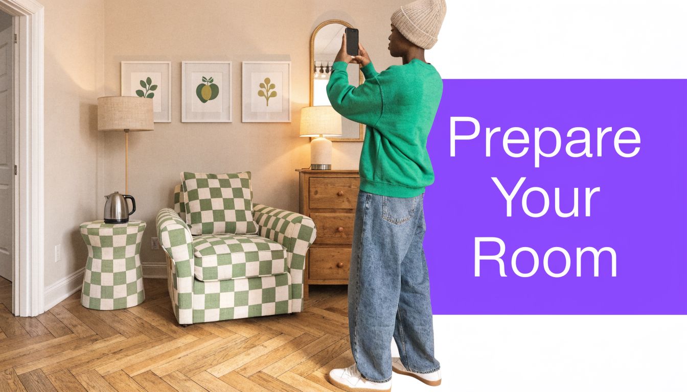 A person in a green sweater uses a smartphone to take a photo of a cozy room.