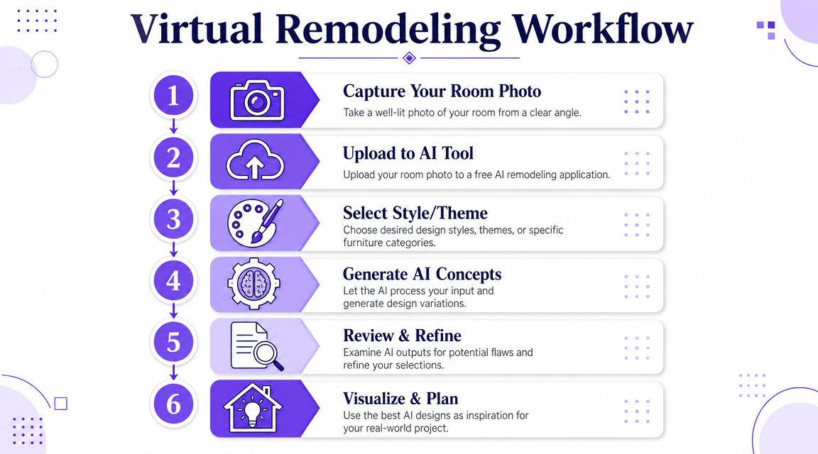 A six-step infographic illustrating the virtual remodeling workflow using AI tools to design home interiors.