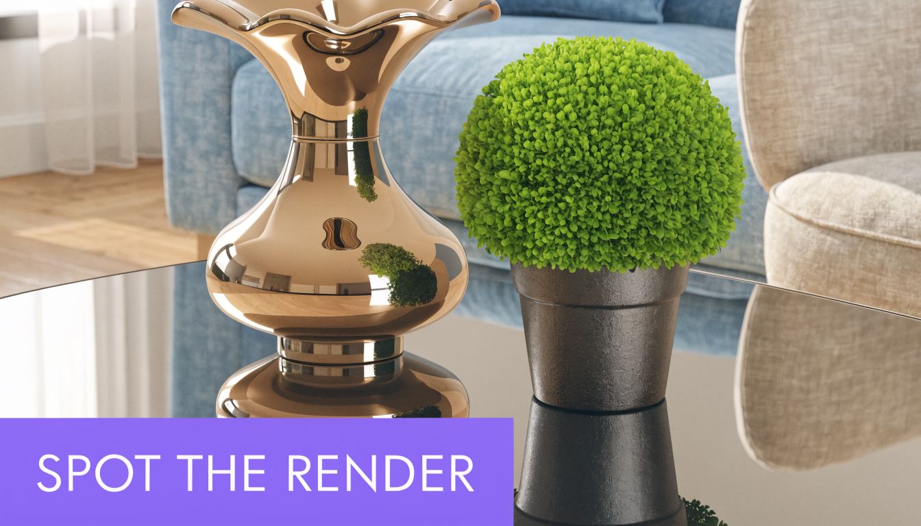 A close-up view of a metallic vase and a potted topiary plant on a reflective surface