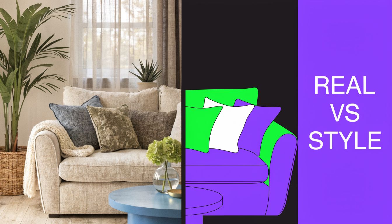 A split screen comparing a realistic living room interior design on the left with a colorful graphic illustration.
