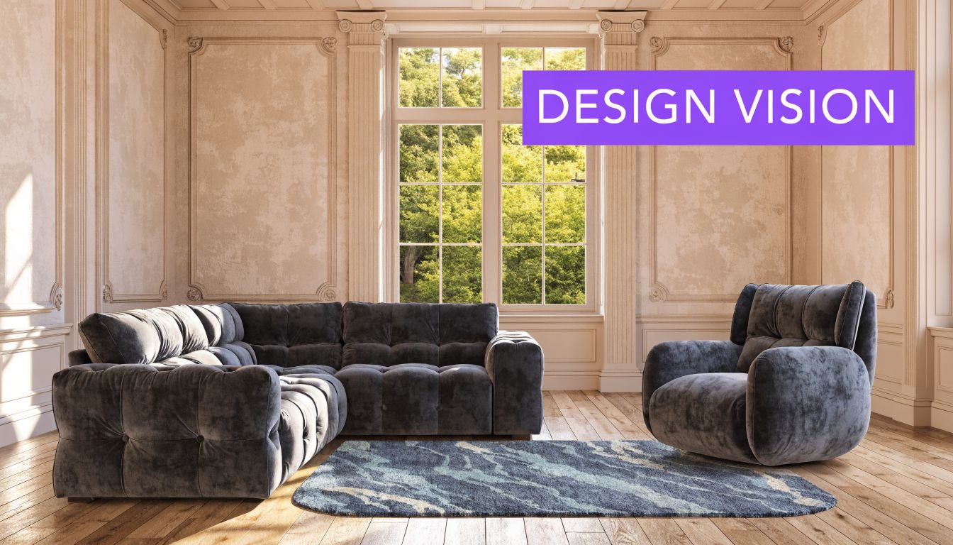 A luxurious living room featuring dark gray tufted velvet furniture and a matching abstract patterned area rug.