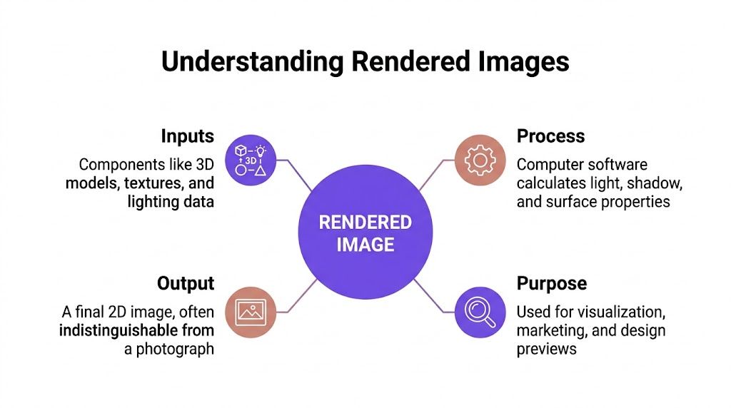 A diagram explaining rendered images, covering inputs, the rendering process, the final output, and their common purposes.