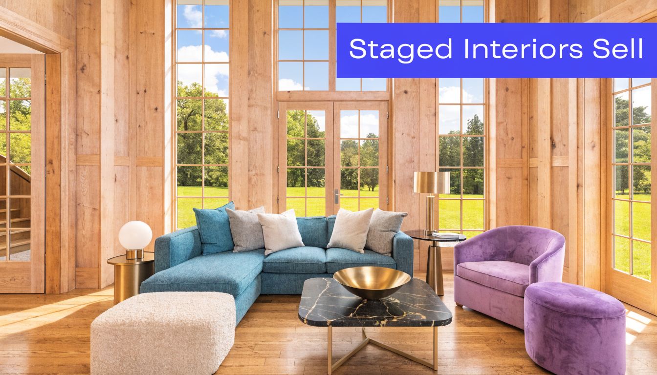 A modern living room with wood paneling, a blue sectional, purple accent chairs, and large bright windows.