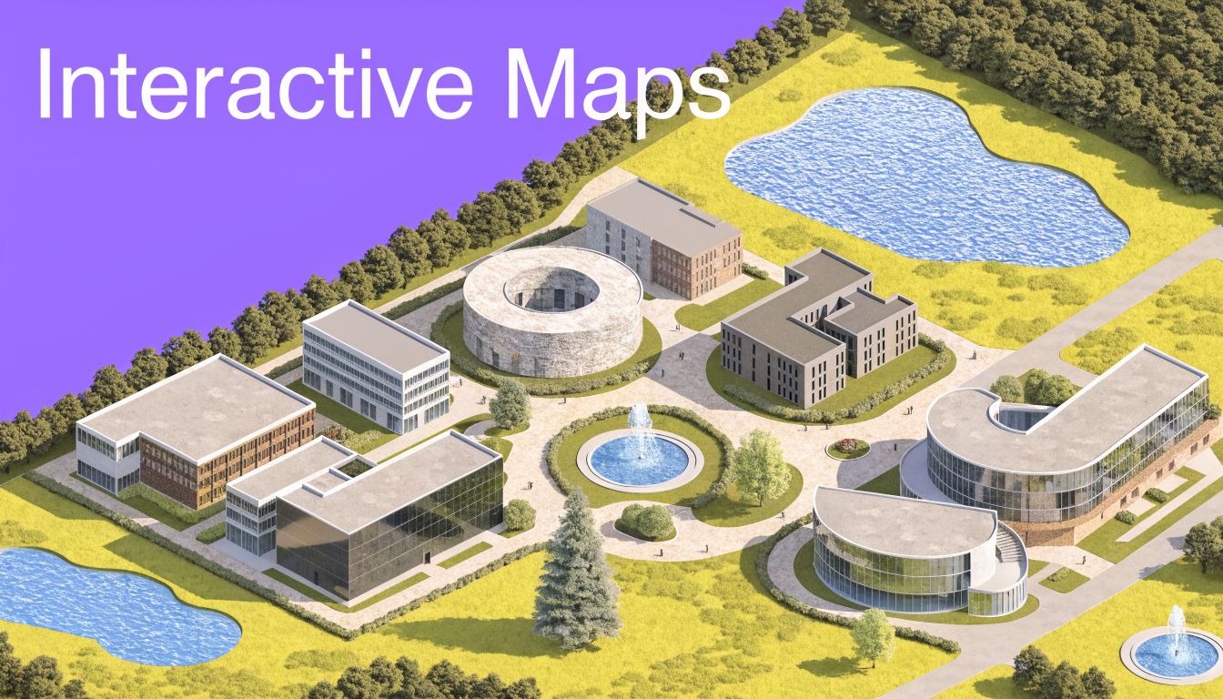 An isometric view of a modern office campus with buildings, landscaping, fountains, and surrounding green spaces.