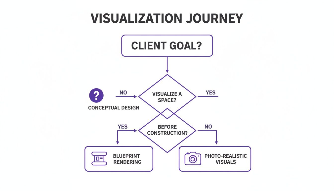Flowchart outlining the visualization journey, from client goals to blueprint rendering or photo-realistic visuals.