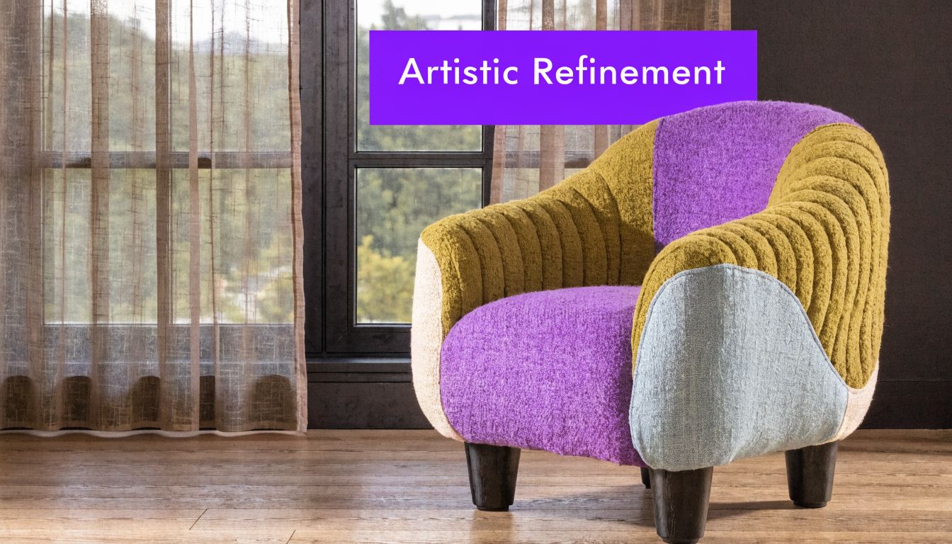 A modern multicolored armchair with textured fabric, featuring purple, mustard, and blue panels in a room.