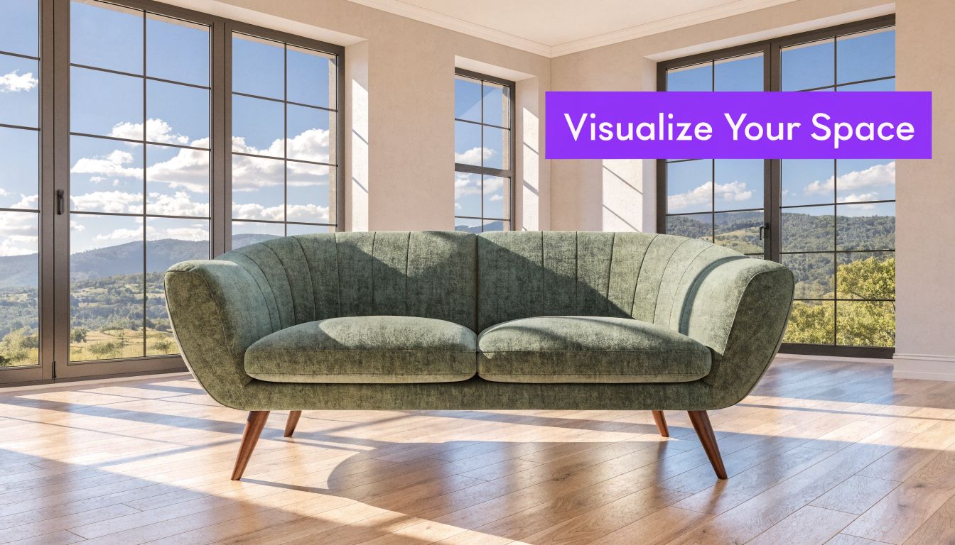 A stylish velvet green mid-century modern sofa placed in a bright, sunlit room with large windows.