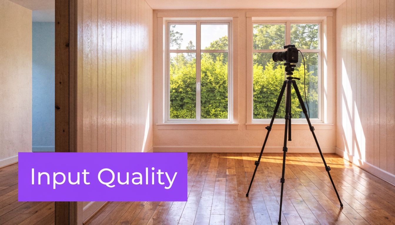 A professional camera on a tripod set up in a sunlit empty room with wooden floors.