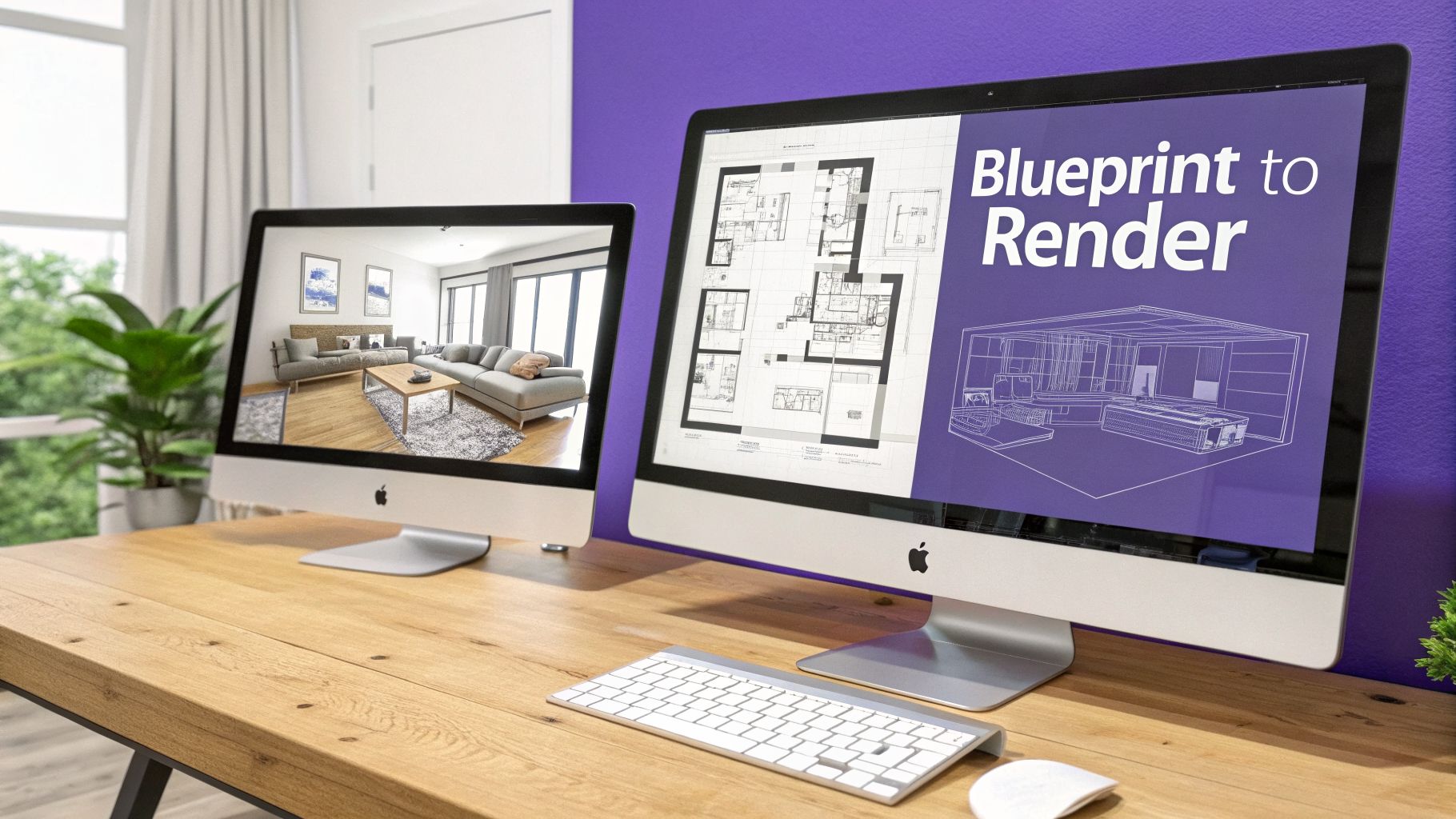 Two Apple iMacs on a wooden desk displaying architectural blueprints and a modern living room render.