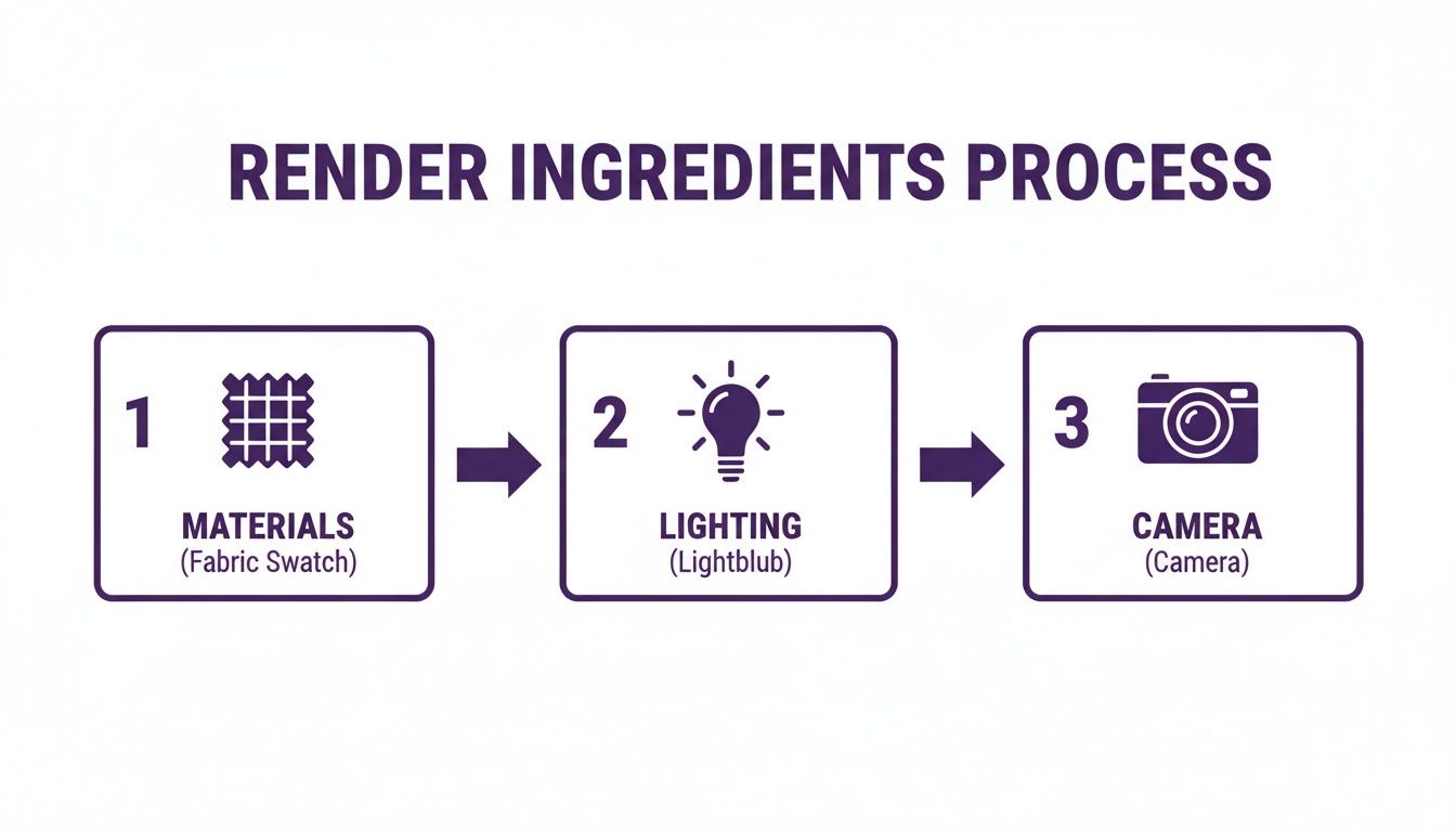 A diagram illustrating the three-step render ingredients process: materials, lighting, and camera.