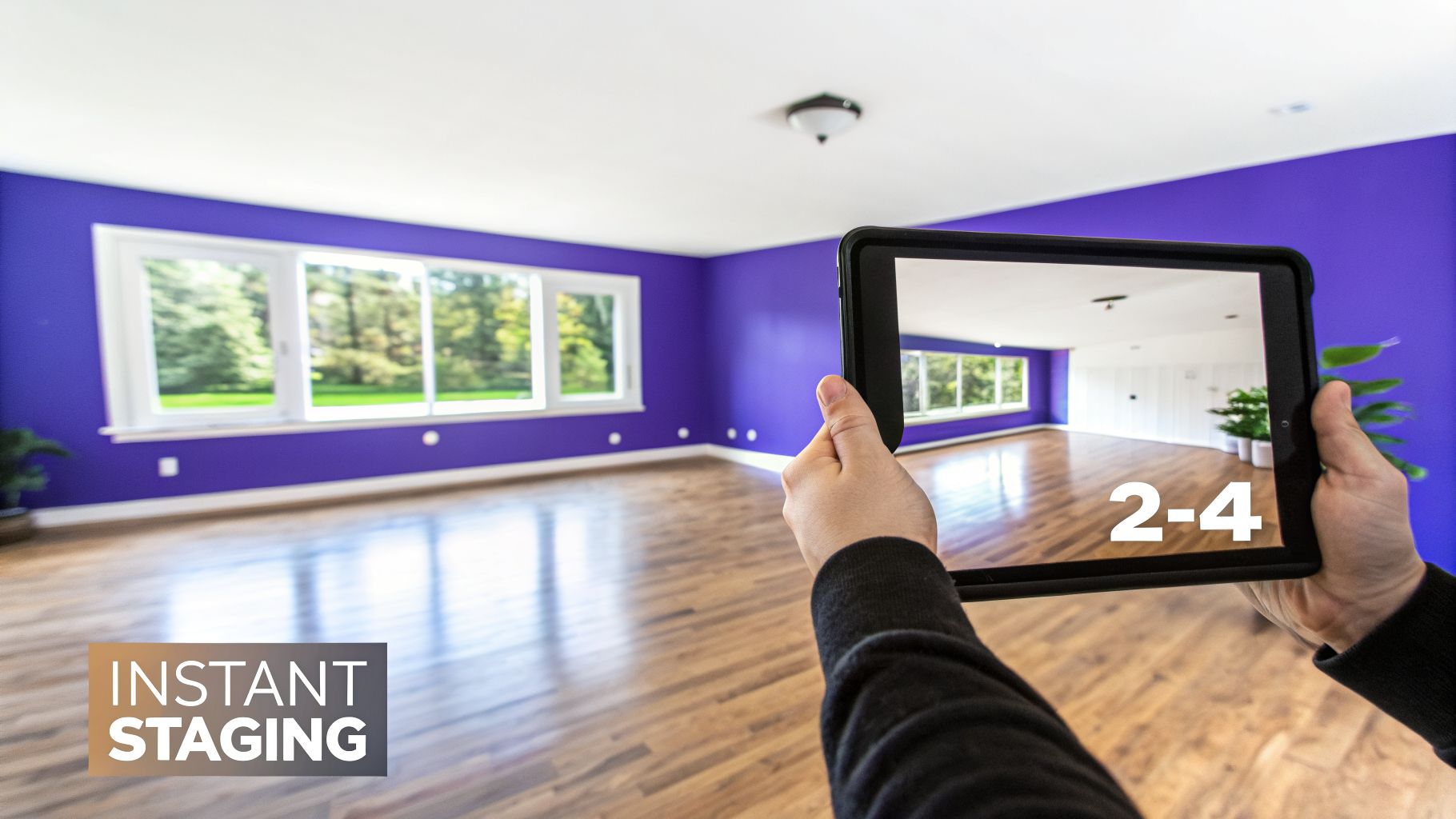 A person holds a tablet displaying a virtually staged room, contrasting with the purple-walled room.