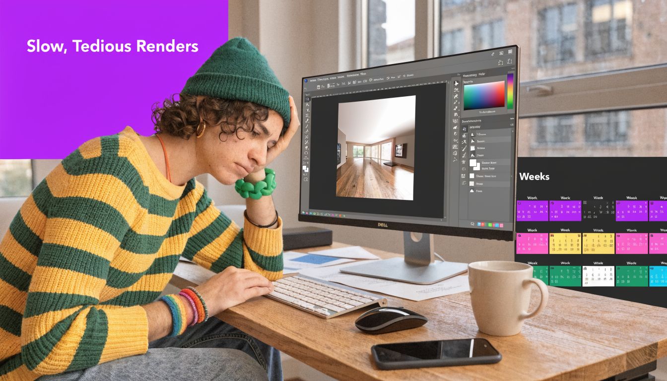 A frustrated interior designer sitting at a wooden desk with a computer showing a rendering process.