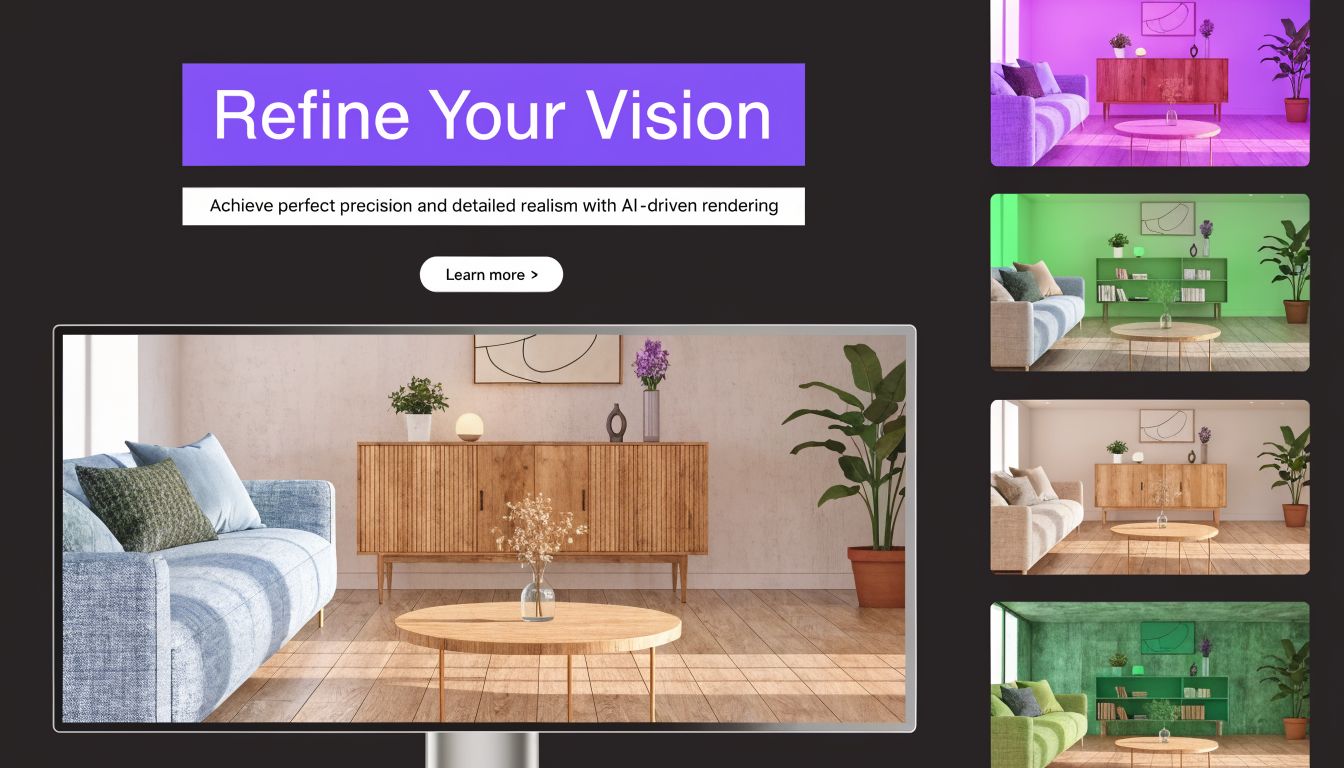 A computer screen displaying an interior living room design with multiple color variations for professional rendering.