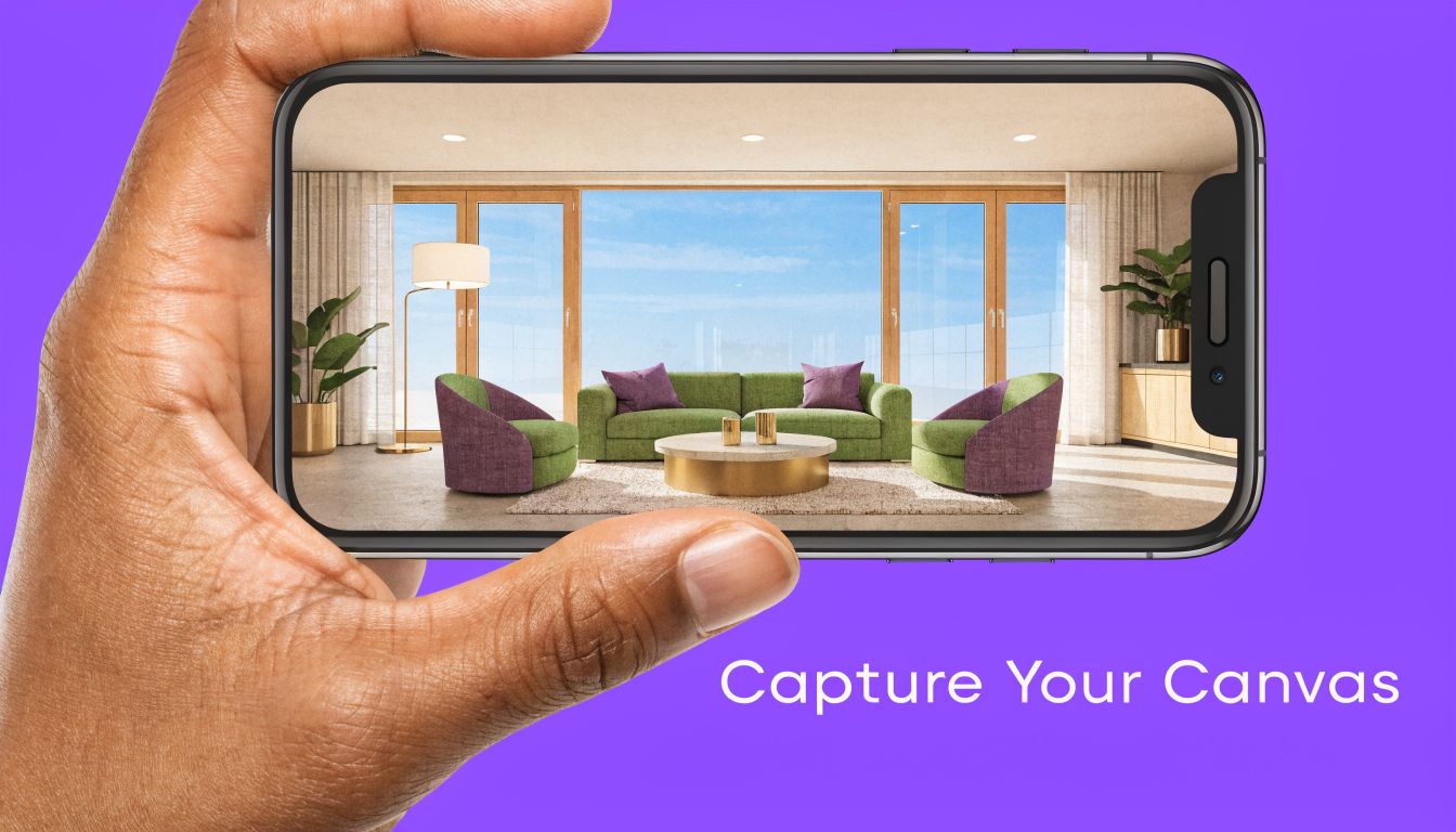 A hand holding a smartphone showing a high-quality 3D interior design render of a modern living room.